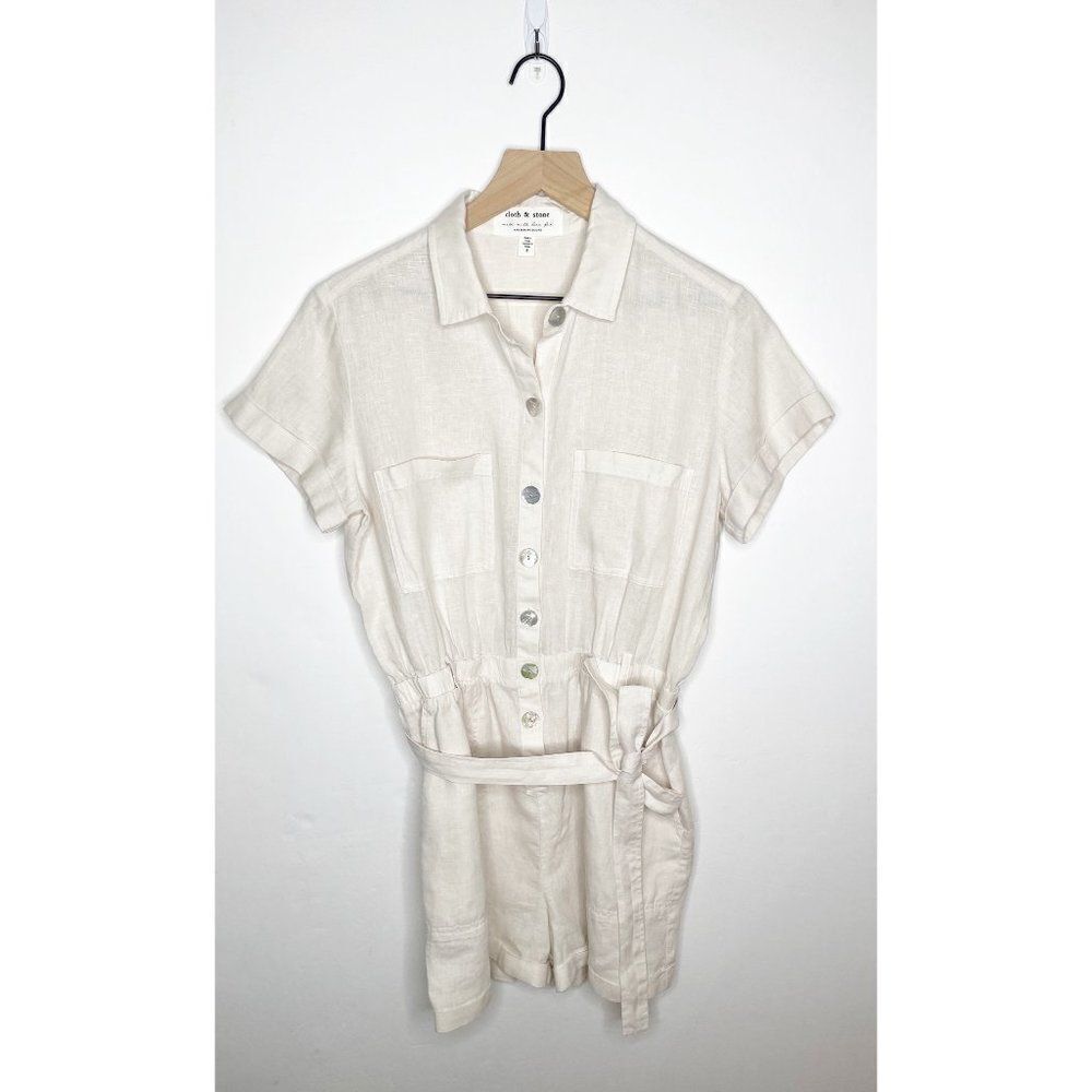 Anthropologie Cloth & Stone Linen Romper Button Down Short Sleeve Beige Size S